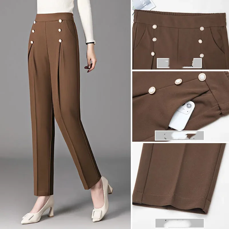 

Women's Clothing Spring Autumn Shirring Solid Color High Waisted Button Pockets Elastic Trouser Suits Trousers High Street Pants