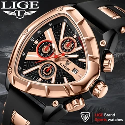 LIGE-reloj analógico de cuarzo para hombre, accesorio de pulsera resistente al agua con cronógrafo triangular, complemento deportivo masculino con esfera luminosa y correa de goma, diseño militar Irregular