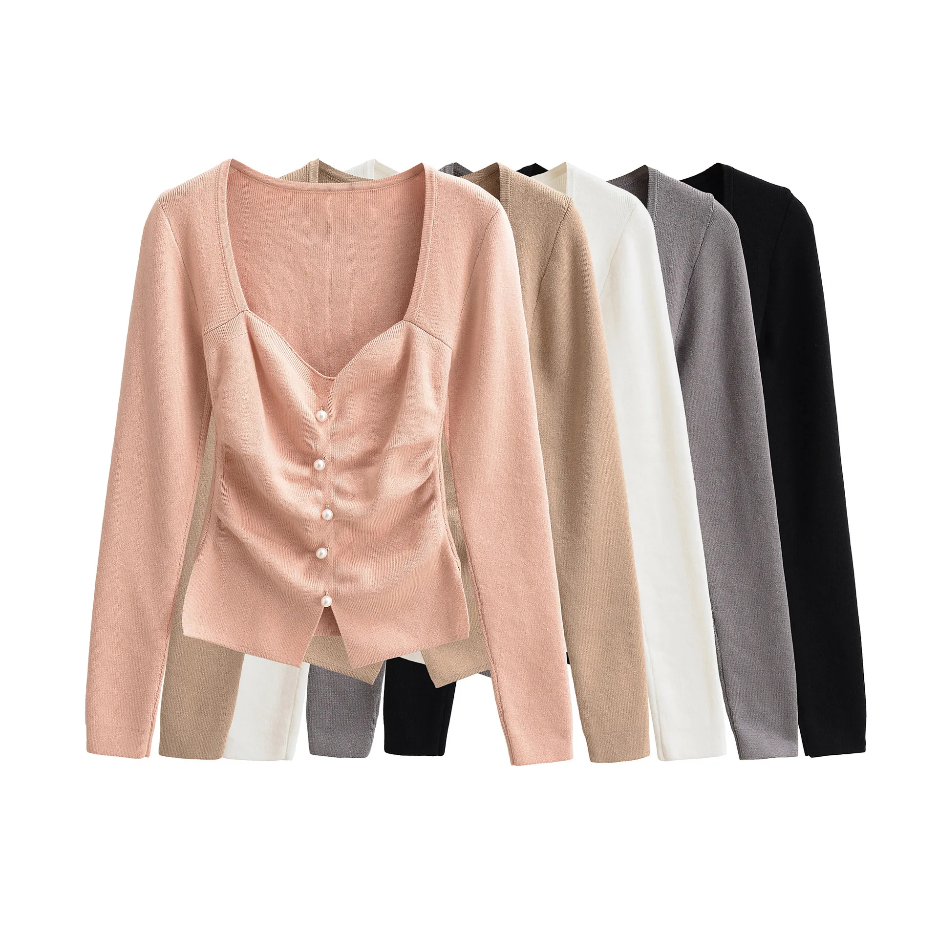 

Autumn Women's Long Sleeve Knitted Shirt French Style Sweet Short Fit Base Layer T-Shirt Top With Pleats For Ladies