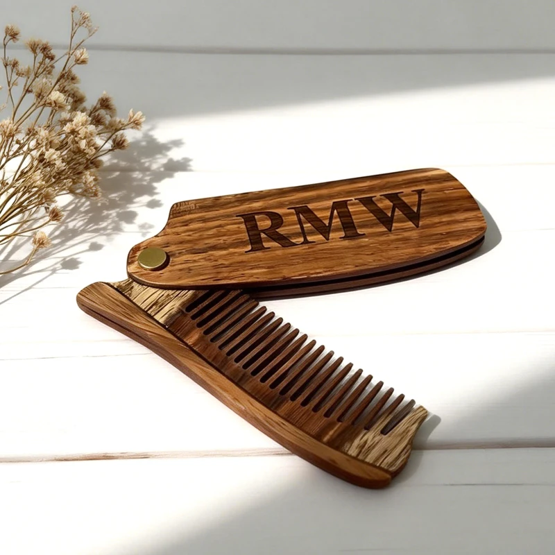 

Персонализированная деревянная расческа для бороды с кожаным чехлом, складная маленькая деревянная расческа для бороды в подарок для пар, подарок на день рождения