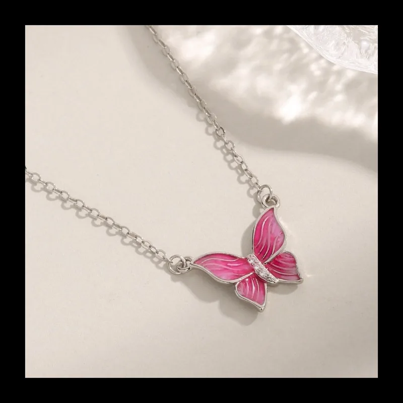 

Винтажное серебро S925, новое, розовое, инкрустированное бриллиантами ожерелье-бабочка, темпераментное высококачественное женское ожерелье