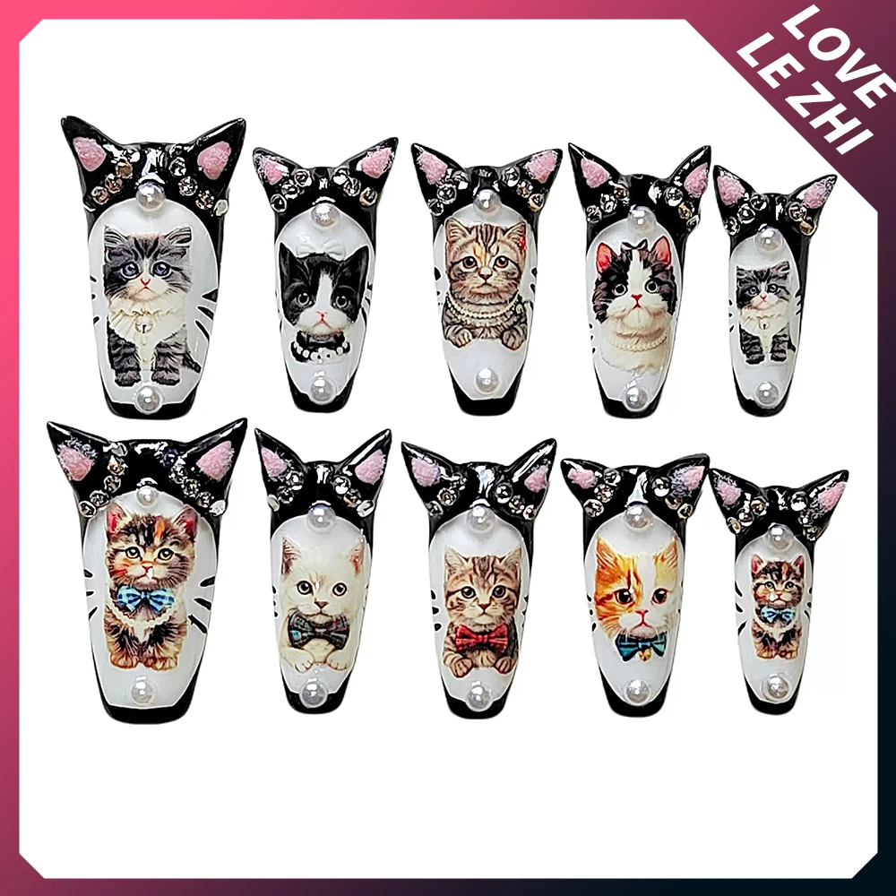 

Cute Y2K Punk Cat Ears Handmade Press On Nails Noble Black White Pearls Diamond Kitten Full Cover Long Ballet Fake Nails