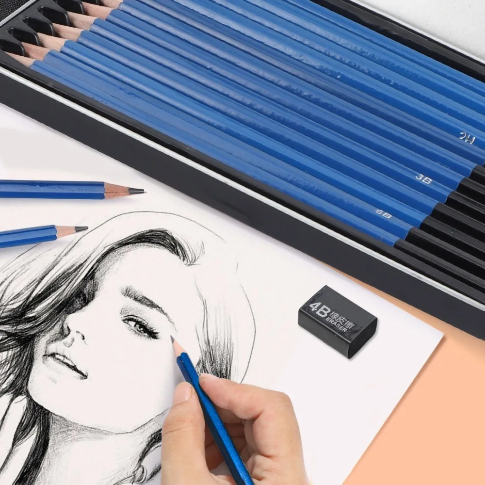 12PCS 6.89in Sketch Pencil Set Tin Container Hard Shell Storage Art Drawing Pencils Premium Core Complete Matching Parts