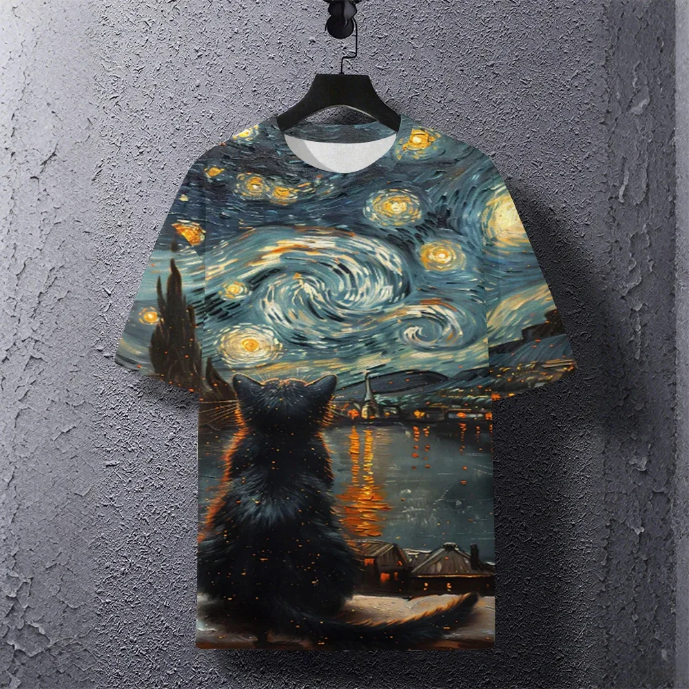 

New 3D Printed Oil Painting Cat Printed T-Shirt Men's and Women's Quick-Drying and Breathable Casual Children's Short Sleeves