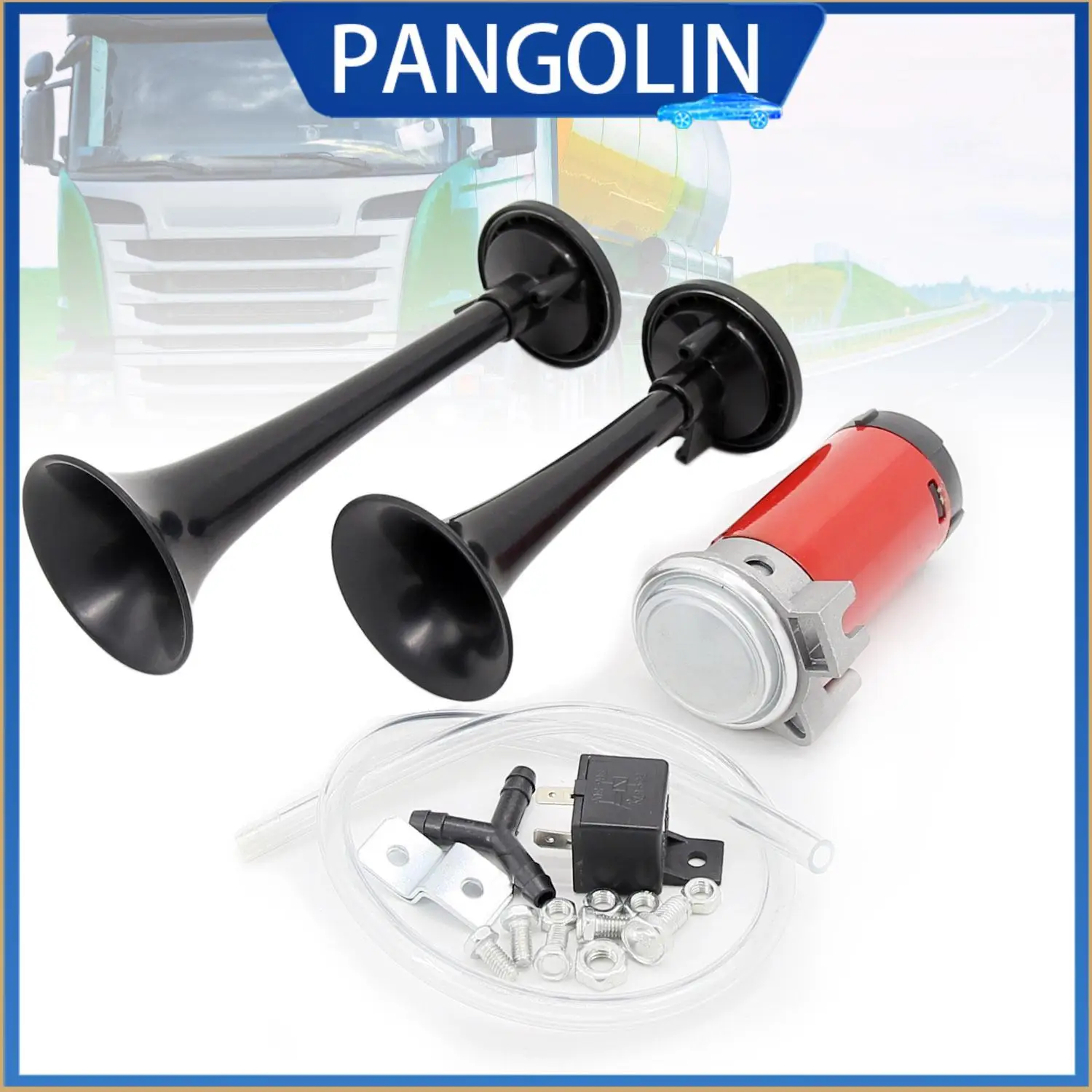 

PANGOLIN Superior Audible Warning And Safety The 12V 130DB Loud Dual Trumpet Train Air Horn Compressor Kit for Car Truck Boat