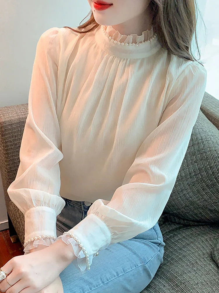 New Long Sleeve Beading Stand Collar Blouse Women Apricot Chiffon Blouse Shirt Women Tops Blusas Mujer De Moda 2024 Blouses G418