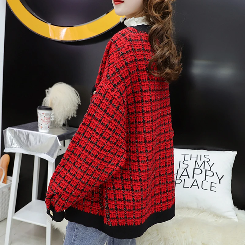 Fashion V-Neck Pockets Bright Silk Plaid Cardigan Sweaters Female Clothing 2024 Autumn Winter New Loose Knitted Casual Tops