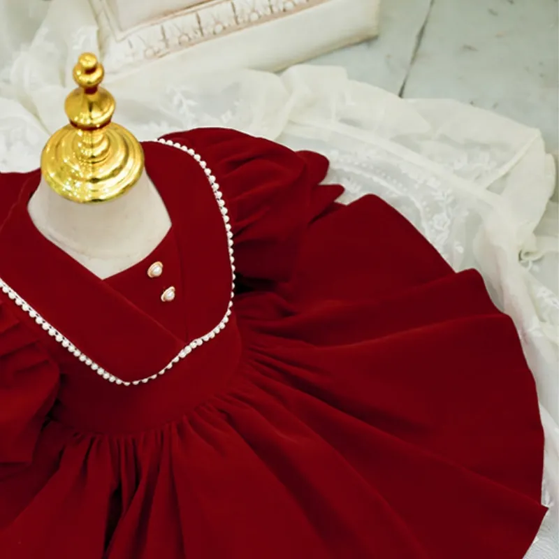 Newborn Baby Girl Princess Christmas Red Dresses Puff Long Sleeve Infant Toddler Child Bow Vintage Winter Evening Gown 12M-14Y