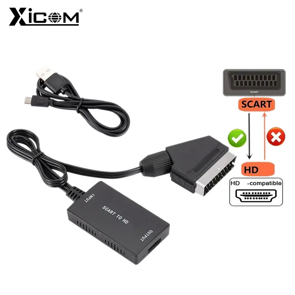 Xicom SCART To HDMI Converter Upgraded & Cable SCART To HDTV 1080P/720P HD Video Audio Adapter for DVD VCR STB Console PAL/NTSC