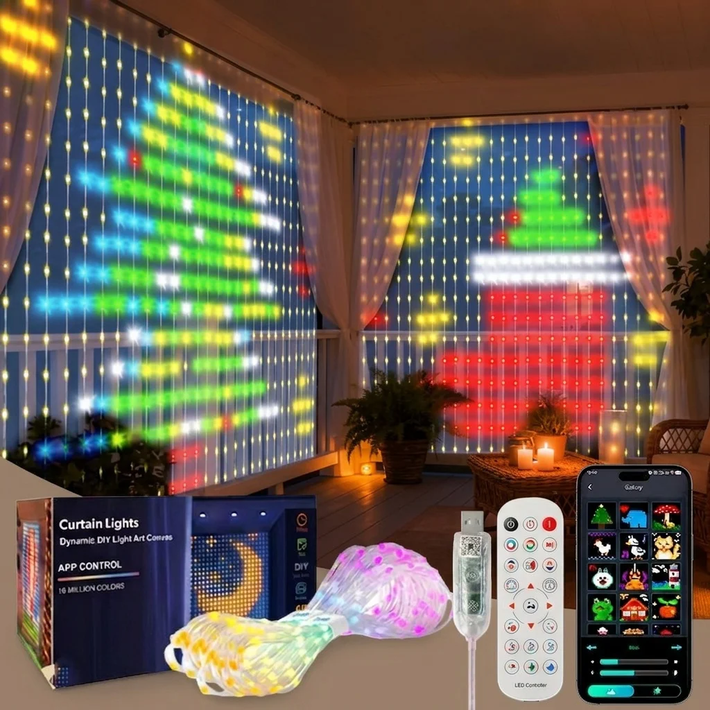 Smart LED Curtain Light APP Control RGB Dimmable DIY Pattern Music Ambient Lighting For Home Holiday Party Christmas Decoration