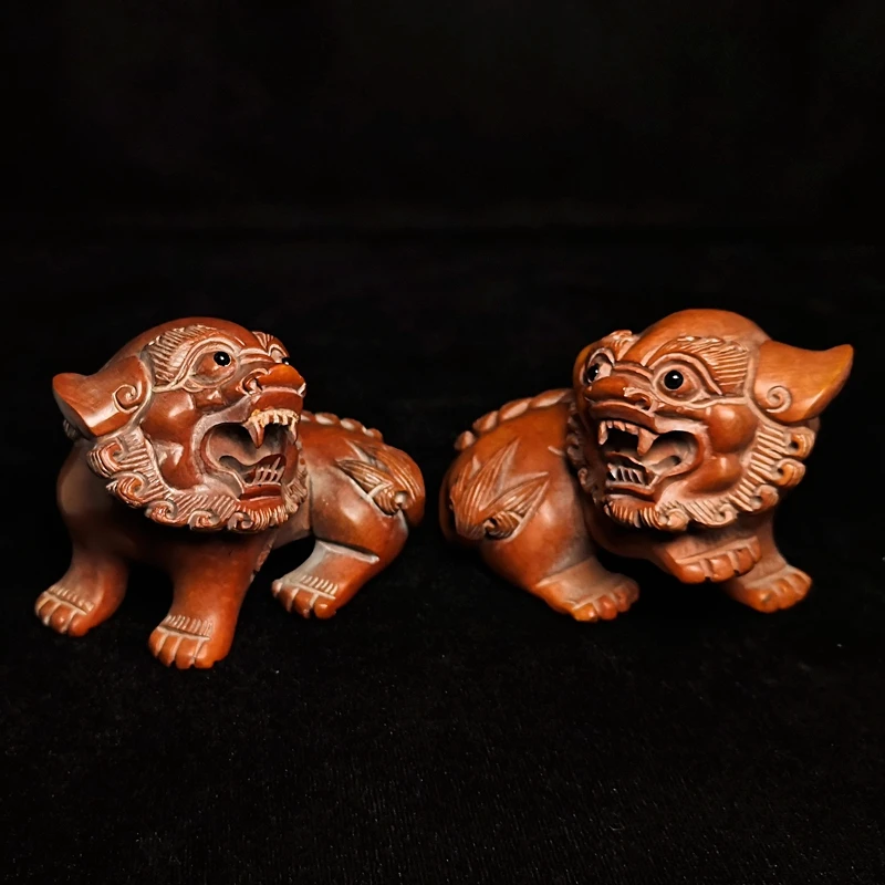 

1919 Antique art Size 3.4 Inch A Pair Old Chinese Boxwood Hand carved Lion Figure Statue Table Decoration Gift Collection