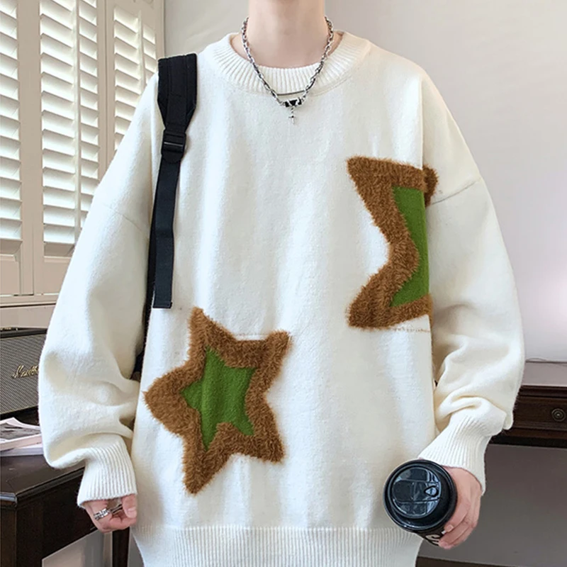 

Autumn Men's Star Pattern Jacquard Knitted Jumpers Casual Retro Elegant Crewneck Knitwear Y2K Streetwear Pullovers Sweater