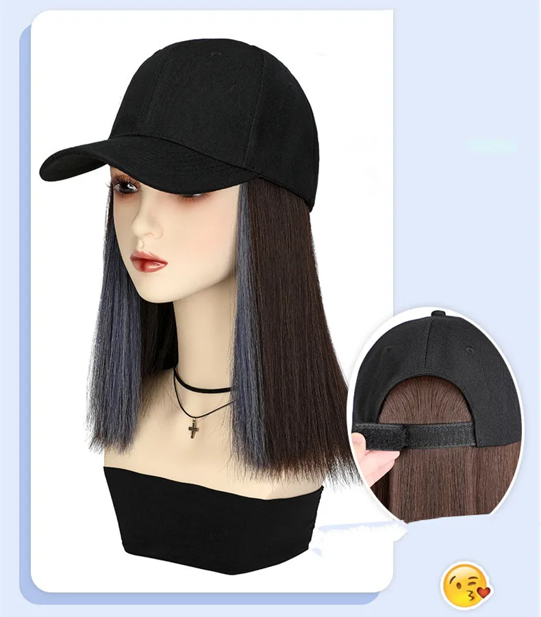 New Hair Extensions Medium Long Ladies Straight Mixed Wigs Hat Connected Head Cover Synthetic Baseball Peaked Cap Wig For Women