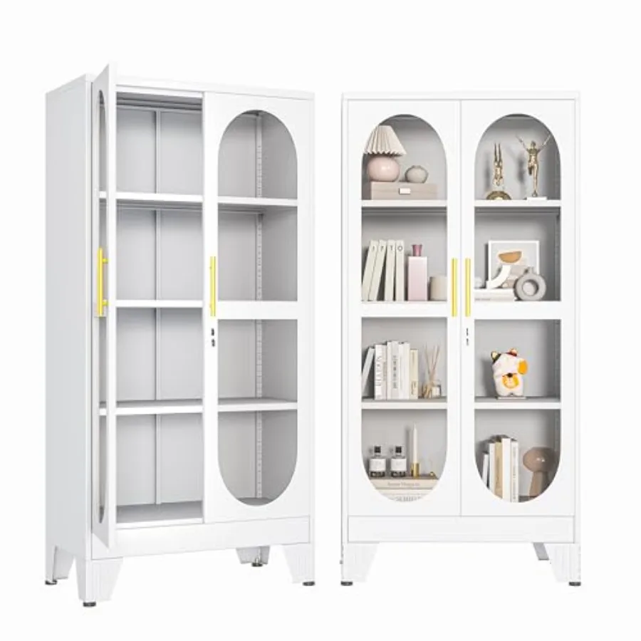 61 H locking display cabinet with glass door, metal curio cabinet in black, 3 adjustable shelves, multi-purpose for collectible