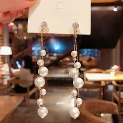 2024 New Trend Simulation Pearl Long Earrings Women's Shiny Zircon Wedding Pendant Earrings Fashion Korean Jewelry Earrings