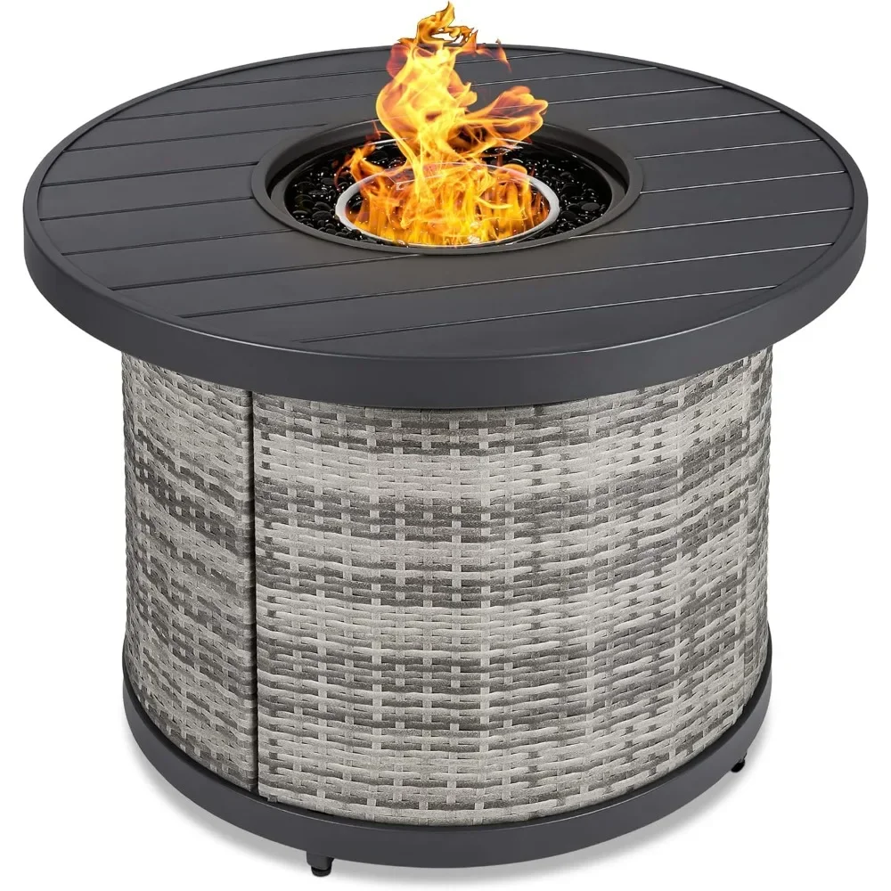 32in Gas Fire Pit Table, Wicker Patio Propane Firepit W/Faux Wood Table Top, Glass Beads, Hideaway Tank Holder, Fire Pit Table