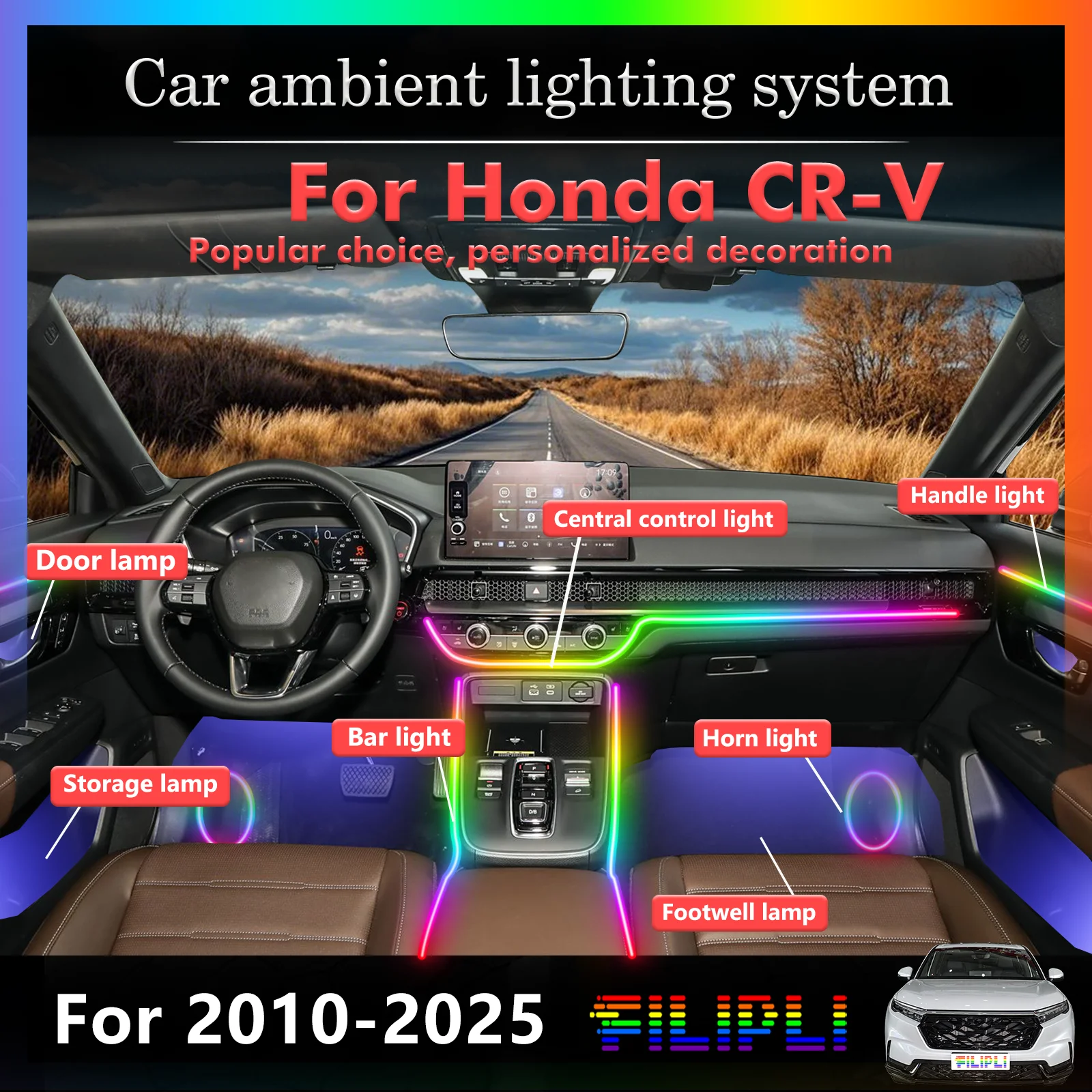 18 In1 For Honda CR-V 2010-2025Y Car Interior Ambient Lamps 64 Colorful Atmosphere Lights Auto LED Neon Strip App Control