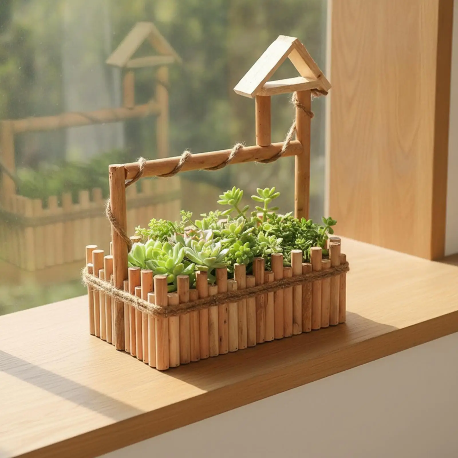 Open Top Wood Slat Storage Crate with Rope Accents for Living Room Plant Display Organizer