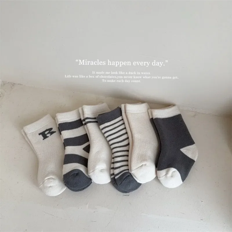 Winter New Children's Terry Socks Gray and White Letter Medium Tube Socks Baby Winter Thickened Socks Boys Girls