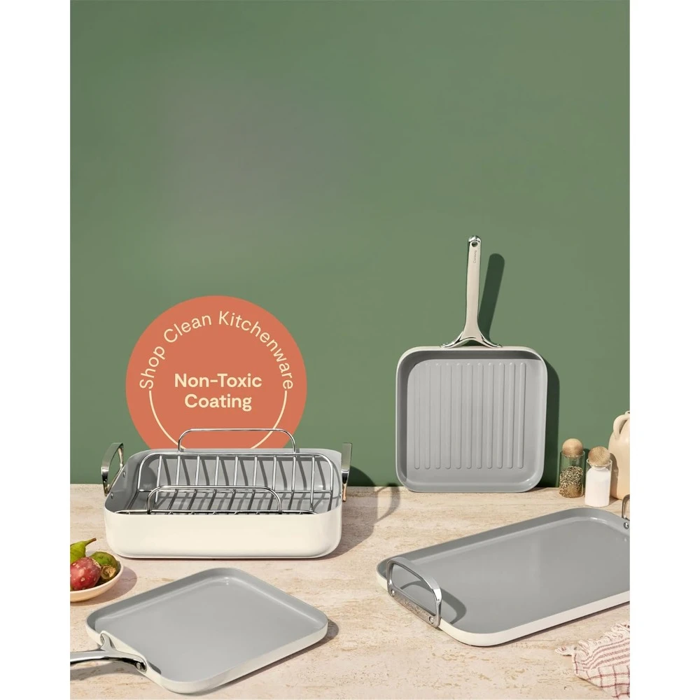 Square Cookware Set - Square Pans Set - Perfect for Griddling, Toasting, Searing, Roasting,Coated Pans Non Toxic,Free Cream