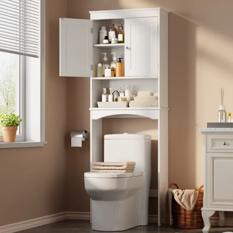 Tall White Wooden Bathroom Space-Saver Cabinet - Adjustable Shelf, Double Door Design, Open Shelf, Freestanding Over-The-Toile