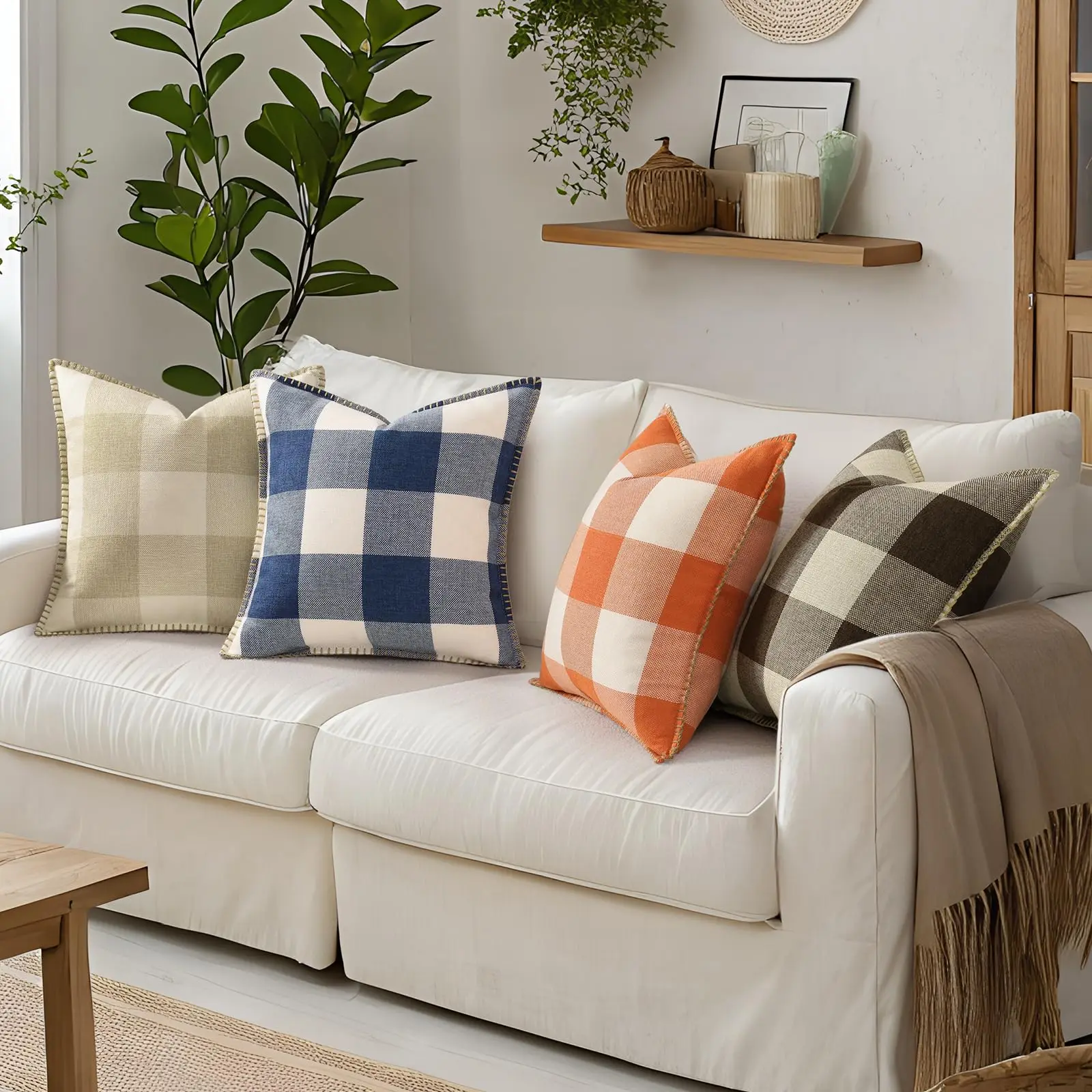 عيد الميلاد الجاموس منقوشة الاختيار رمي وسادة يغطي مجموعة من 2، مزرعة القماش القطني وسادة يغطي مع حافة مخيط لأريكة أريكة السرير