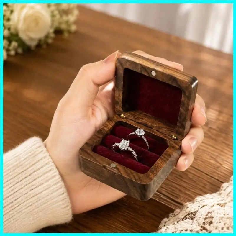 Double Slot Wooden Ring Box Rectangular Opening Black Walnut Cufflinks Box Dustproof Exquisite Jewelry Wedding Ring Holder