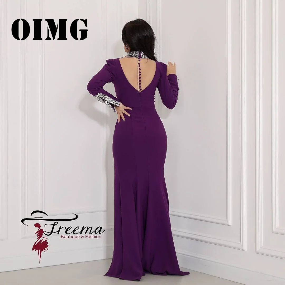 OIMG New Design High Neck Prom Dresses Long Sleeves Saudi Arabic Satin Ruched Crystals Women Evening Gowns Formal Party Dress