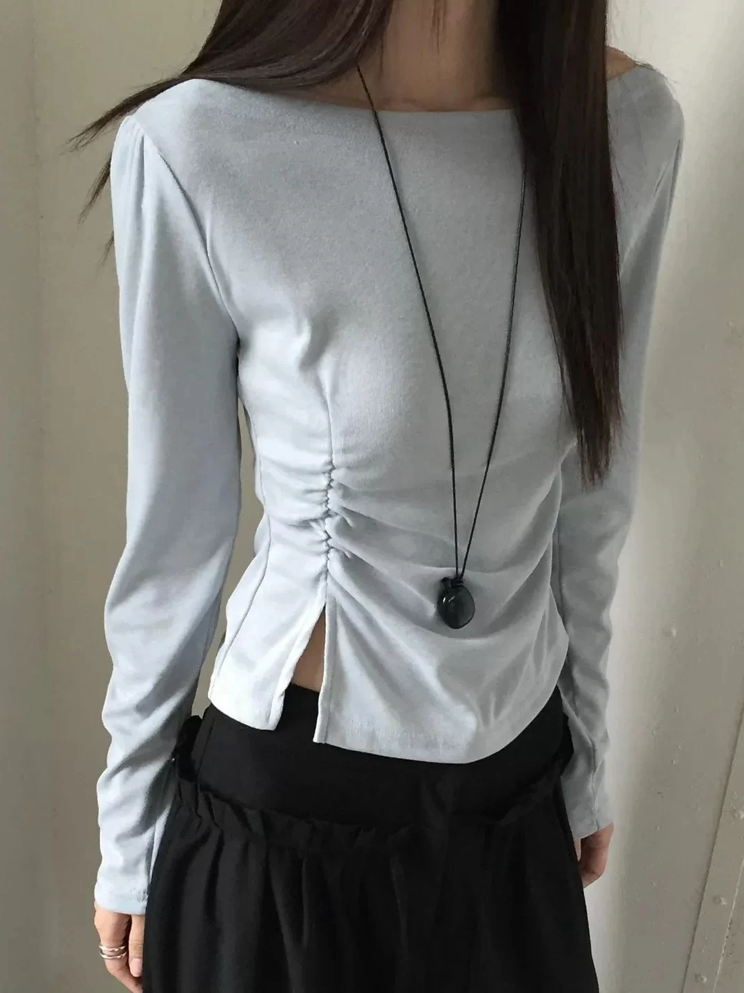 Women's Short Sleeveless T-shirt Long Sleeve Pressed Pleat Design Slim Fit Base Layer Spring Autumn High Waist Travel Friendly