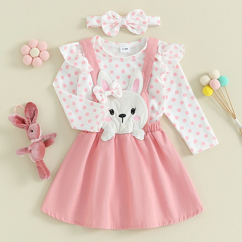 

SUNSIOM 3pcs Baby Girls Outfits Long Sleeve Polka Dot Print Rompers Bunny Suspender Skirt Bow Headband Set Newborn Clothes