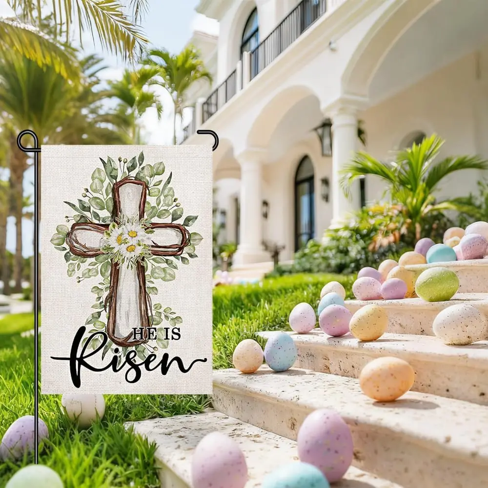 Easter He Is Risen Garden Flag 12x18 Small Double Sided Yard Sign, Rustic Wood Cross & Daisy Spring Christian Outdoor De YYQ GGO