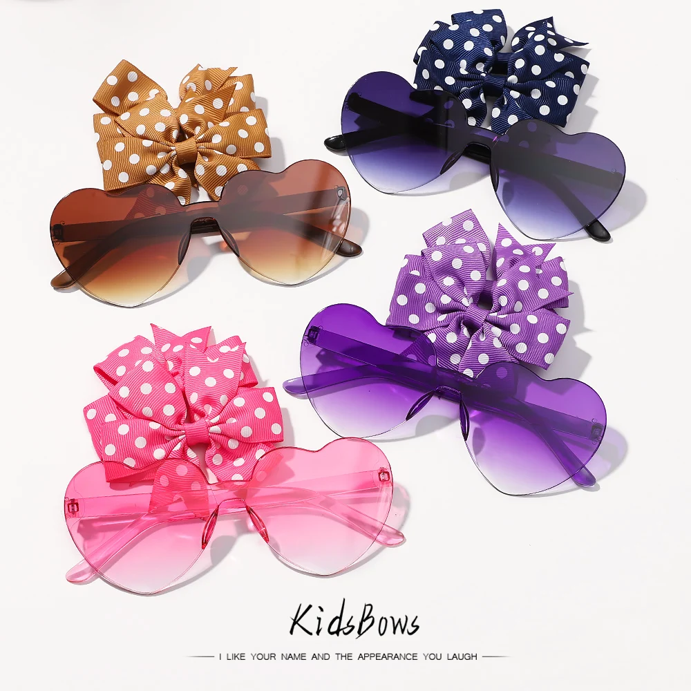 3Pcs/set Kids Cute Solid Dot Hairpin Colorful Heart Sun Glasses Set Girls Boutique Bowknot Hair Clips Children Hair Accessories