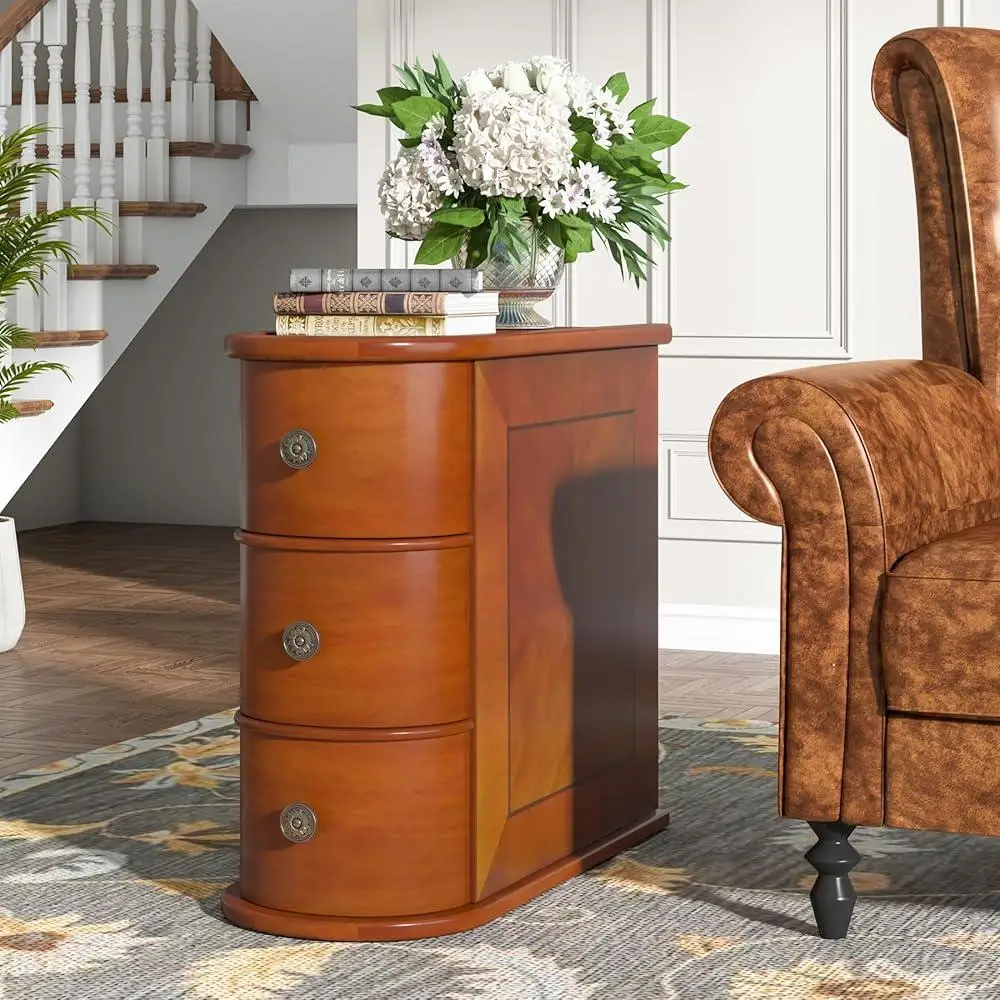 Conjunto de mesa final de madeira estreita de 2 com 3 gavetas Mesas laterais totalmente montadas Decoração de quarto de sala de estar