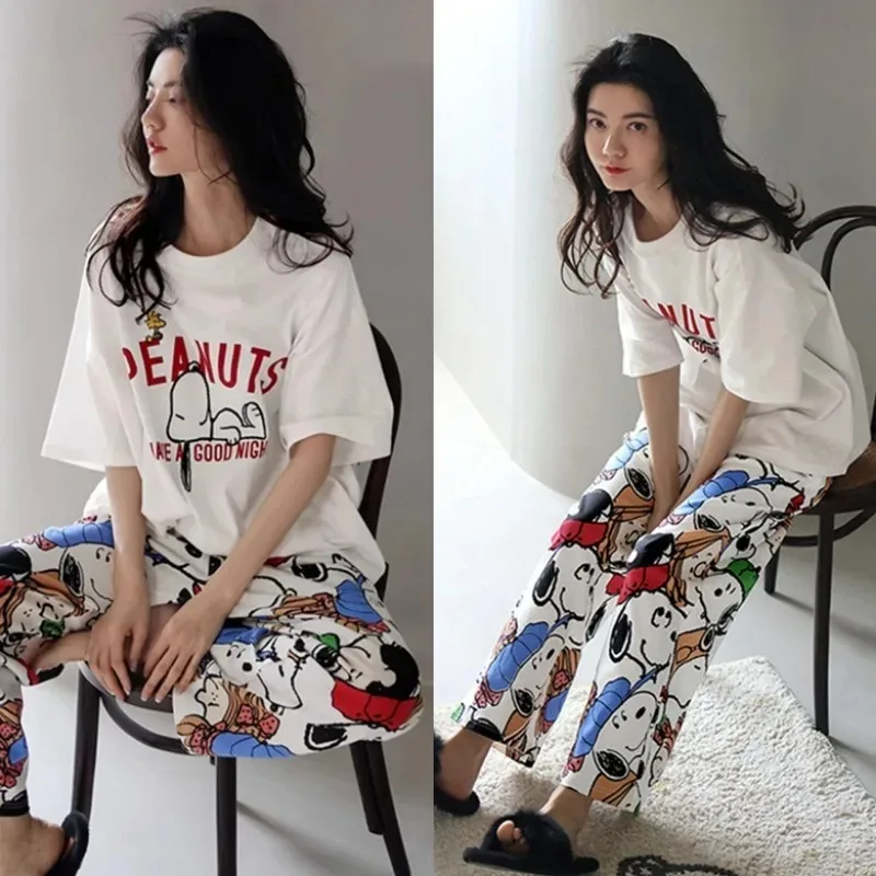 

2pcs/set Snoopy Pajamas Cartoon Cute Girls Pajamas Short Sleeved Pants Set Home Fashion Soft Comfort Clothes Girls Birthday Gift