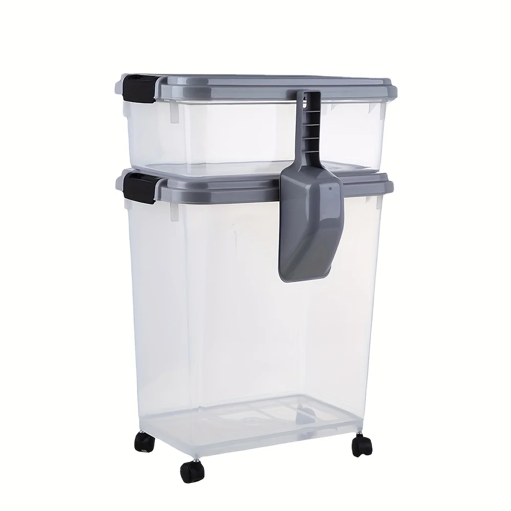 

30QT + 10QT 3pcs Sealed Dog Food Storage Container Set with Spoon - Durable Plastic, Holds 30.86-37.48LB, Easy-Move Wheels, Ideal for Dog and Cat Snacks and Food, Pet Food Storage Organizer