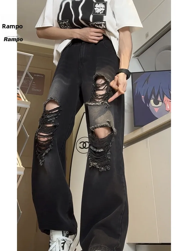 

Rampo High Street Men's Loose Fit Vintage Denim Jeans Tear Wearable Straight Leg Floor-Length Casual Trousers for Couples
