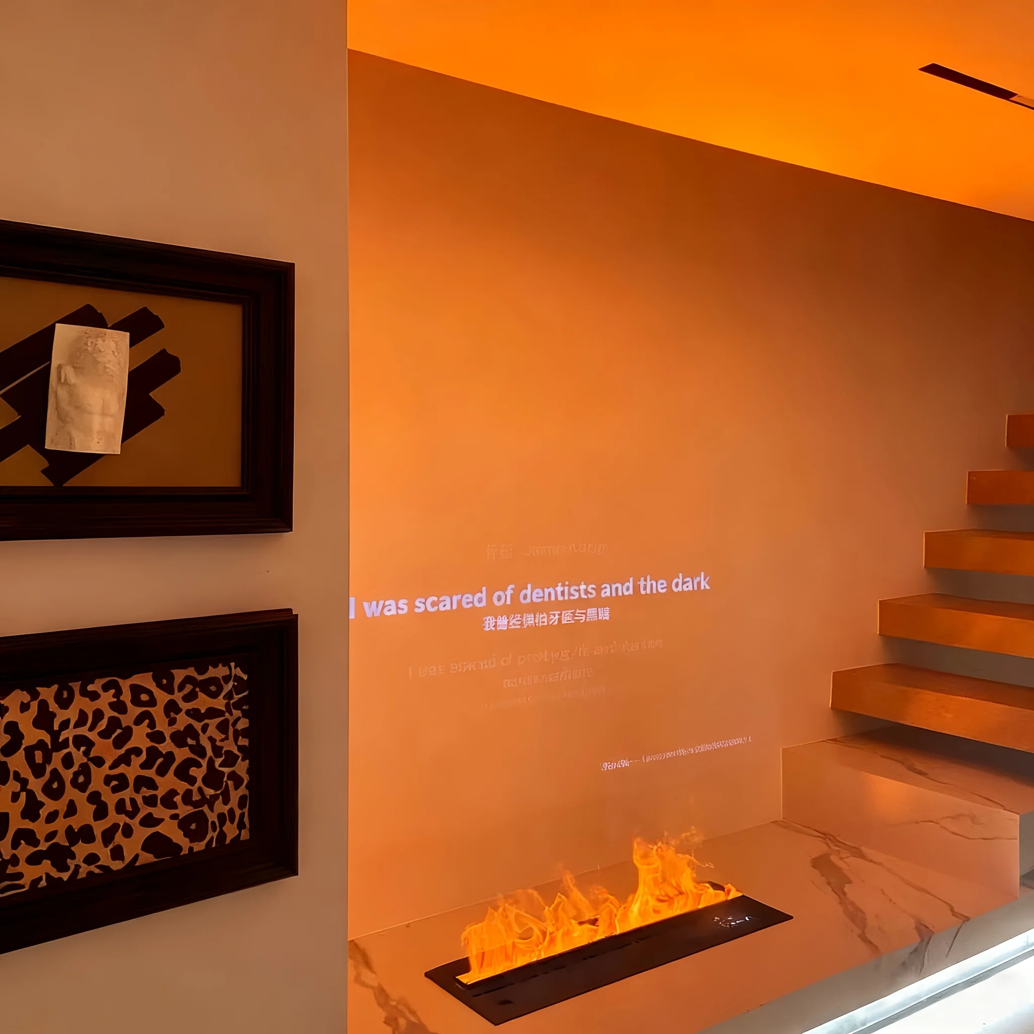 Smart 3D atomizing fireplace with nine-color adjustable LED real flame, featuring remote control/APP/LCD touch three-way control