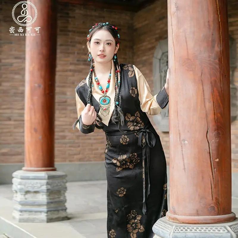 ใหม่เลซาของผู้หญิงอารมณ์โบราฤดูร้อนทิเบตชุดยาวทิเบตหม้อจวงกระโปรง