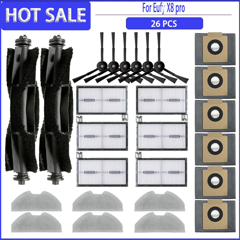 

Роликовая боковая щетка HEPA-фильтр, тканевый мешок для пыли для Eufy X8 Pro, запасные части, аксессуары