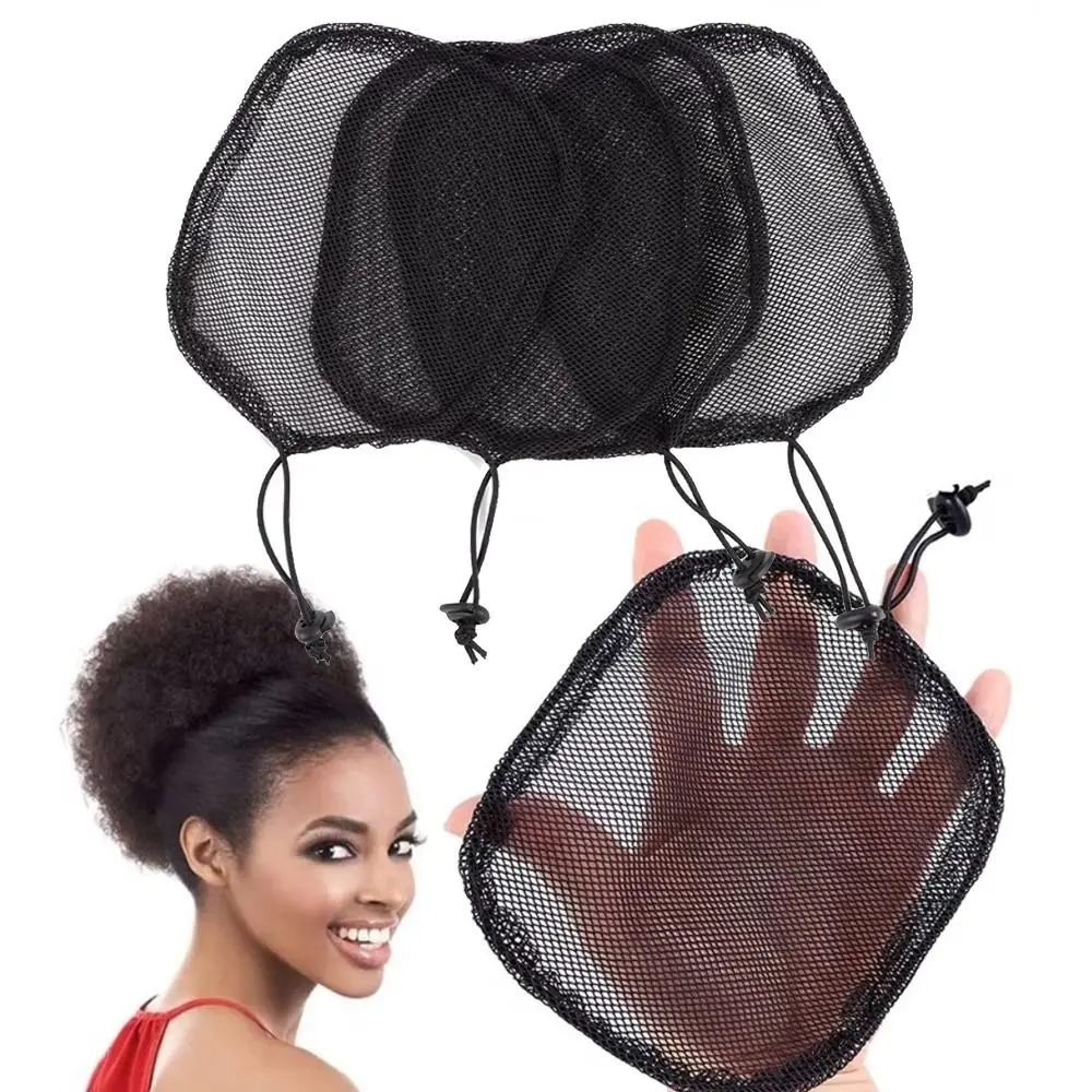 Elastic Drawstring Black Ponytail Hair Net Mesh Clips Round Square Drawstring Ponytail Net Adjustable Strap Ponytail Wig Cap