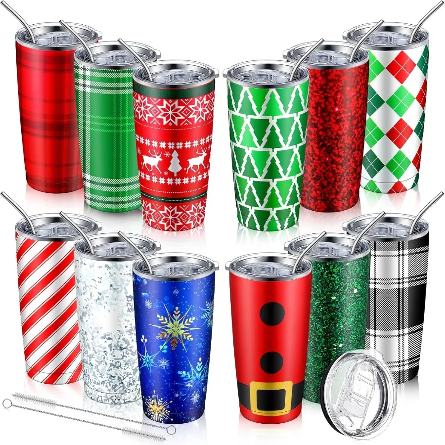 

12 Pcs Christmas Tumblers 20oz Plaid Style Stainless Steel Insulated Travel Tumbler Cup with Lid Straw Holiday Coffee Mug for C