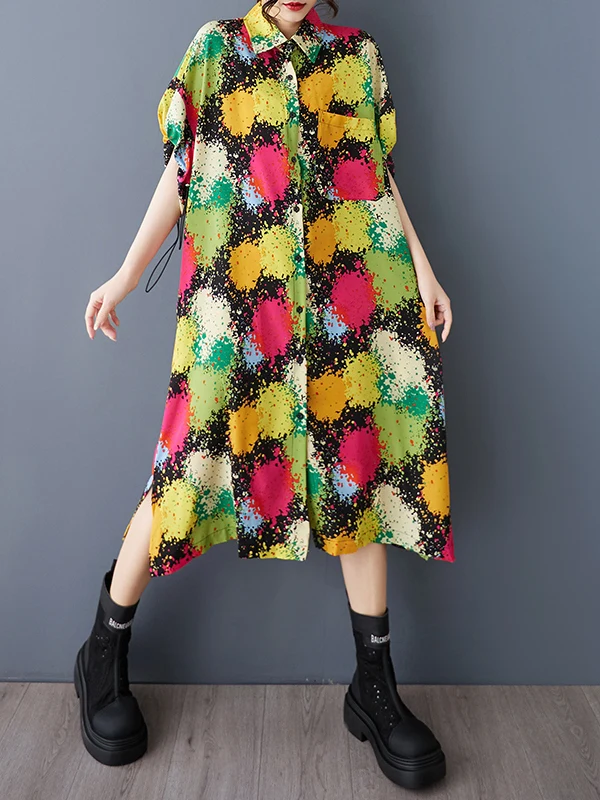 فستان قميص صيفي جديد للنساء مقاس كبير، مطبوع، فضفاض، متوسط الطول، بتصميم H-Line، بأكمام قصيرة وطوق بولو وزر واحد. #2