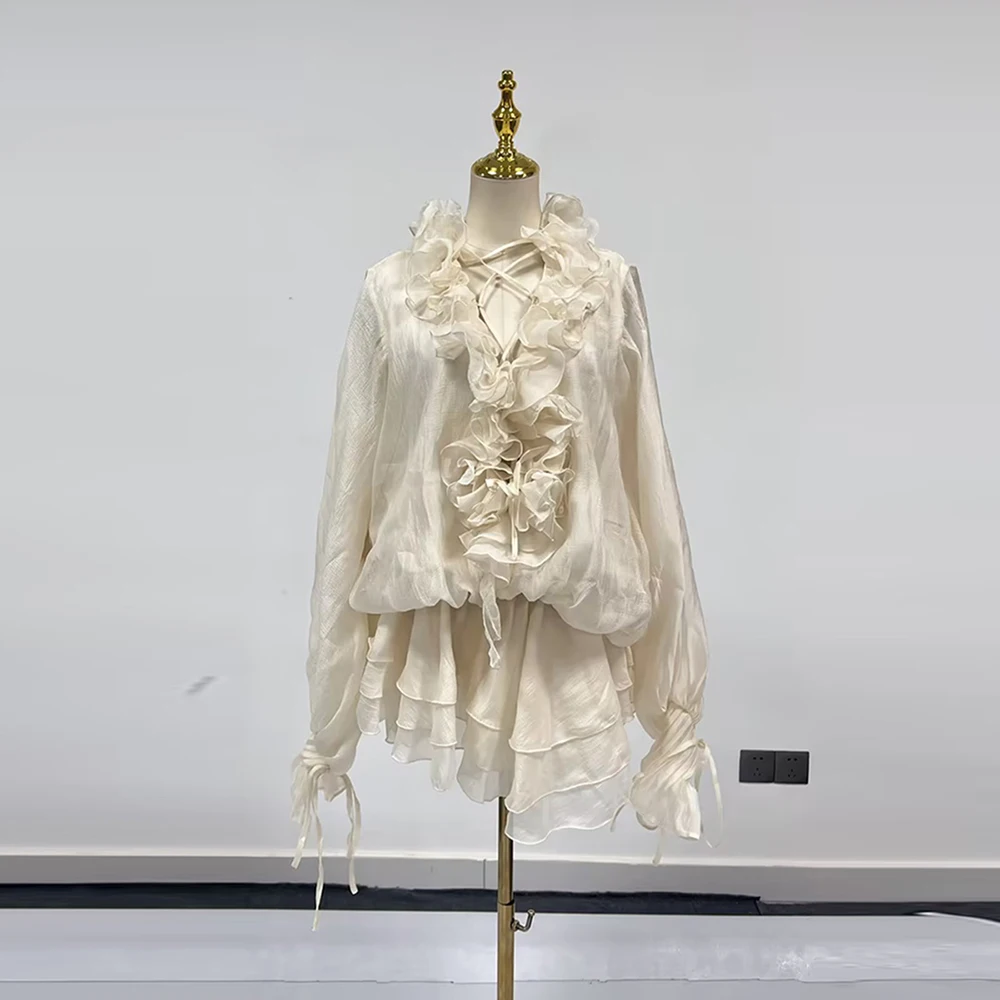 فساتين قصيرة فضفاضة مزينة بمقسمة متينة من TWOTWINSTYLE للنساء بياقة على شكل V وأكمام طويلة وخصر عالٍ فستان نسائي