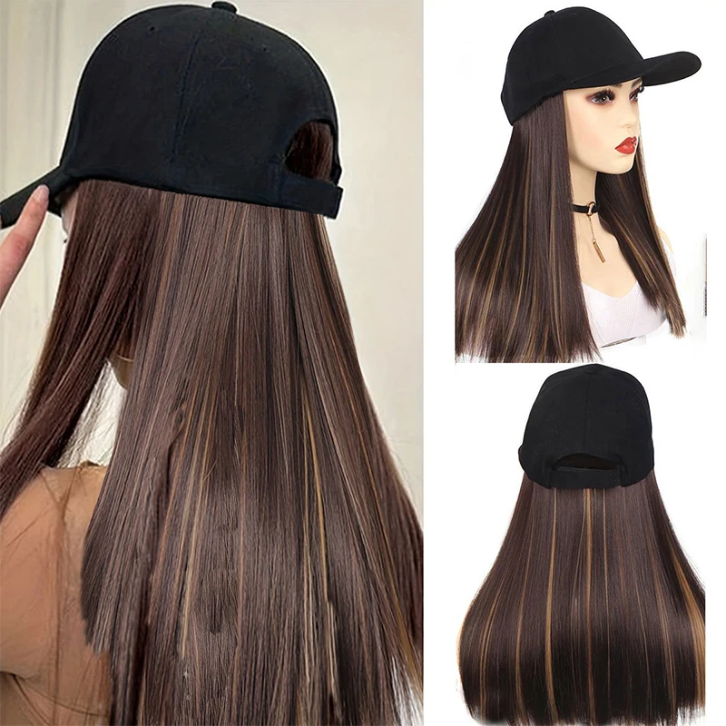 Synthetic 18Inch Long Straight Sports Style Baseball Hat Cap Wigs Adjustable Comfortable Hair Extension for Women Daily Use