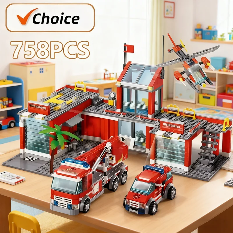 758 قطعة نماذج اللبنات مدينة سلسلة محطة الإطفاء شاحنة هليكوبتر رجال الاطفاء مدينة التعليمية لتقوم بها بنفسك لعب للأطفال الهدايا