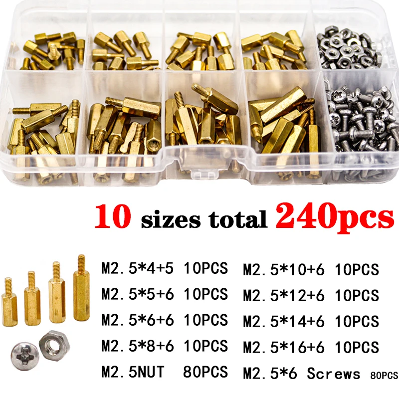 

240 шт. M2,5 комплект стоек, винтов и гаек для материнской платы, шестигранные латунные проставки «папа-мама», винты для ноутбука для самостоятельной сборки компьютера