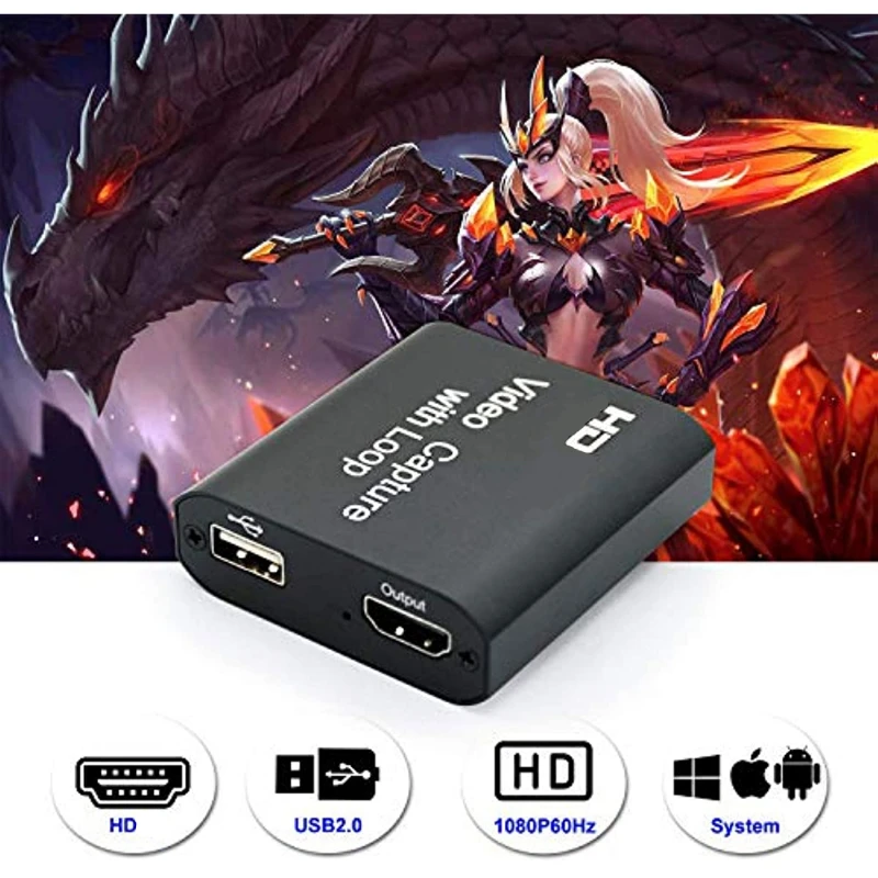 Gravação de vídeo Game Capture Card com Loop Out, Grabber Box para Windows 7, 8, 10, PC, Live Streaming, USB 2.0, 720P, 1080P, 30Hz, 4K, HD