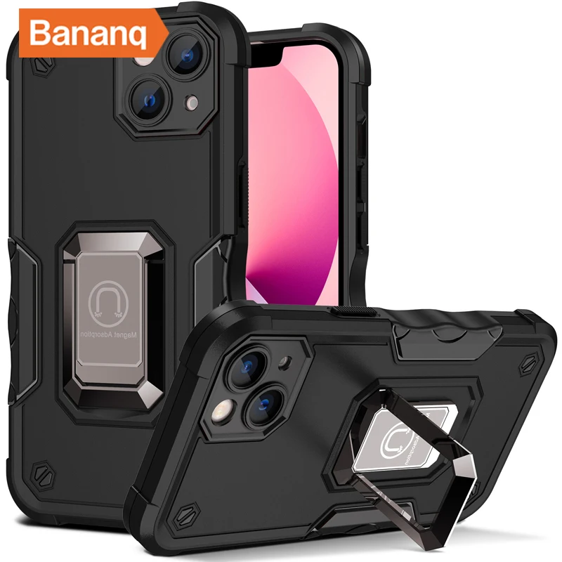 

Bananq Shockproof Bracket Armor Case For iPhone 16 15 Plus 14 13 12 Mini 11 Pro Max Metal Ring Stand Silicone Phone Back Cover