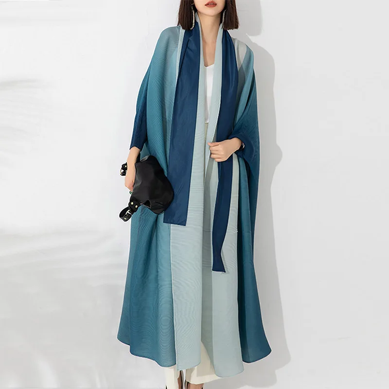 Miyake Pleated Loose Plus Size Shawl Coat Middle Eastern Women Stylish Casual Gradient Color Belted Cardigan Jackets Abaya Robe