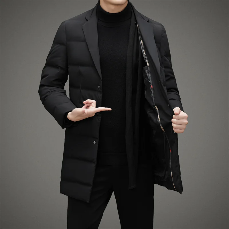 Casual 2024 Autumn Winter Mid-Length Suit White Duck Down Jacket Outwear Windproof Warm Black Puffer Coat Business Down Clothing